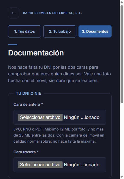 Tercera pantalla del alta: subida del DNI por las dos caras y aceptación del contrato de colaboración.